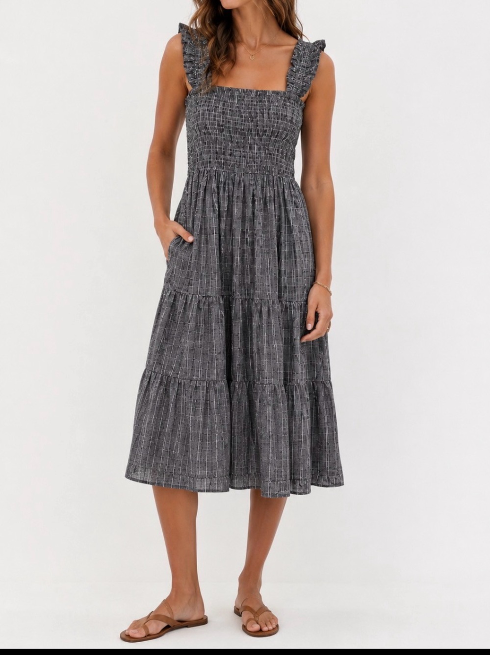 Hill House Smocked Maxi Dress in Gray Windowpane Check   V3